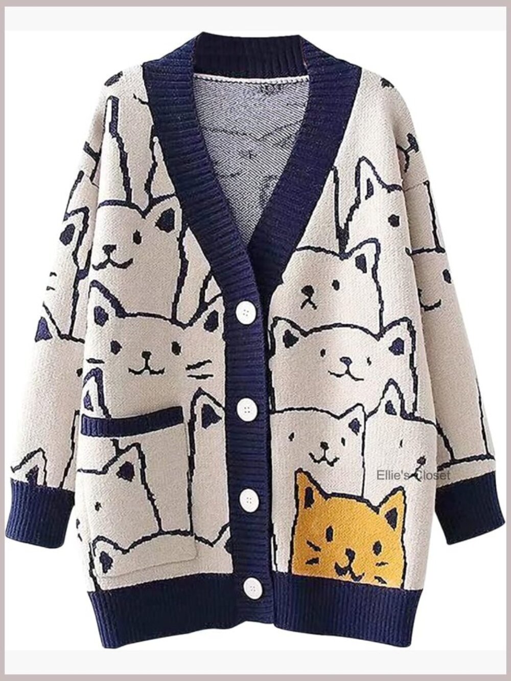 Oversized V Neck Cat Print Knit Cardigan Kawaii Cartoon Sweater